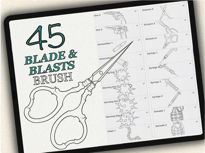 45 Blade & Blasts Tattoo Brushes – Stamp Set for Procreate, Photoshop & CSP | Collection 2024