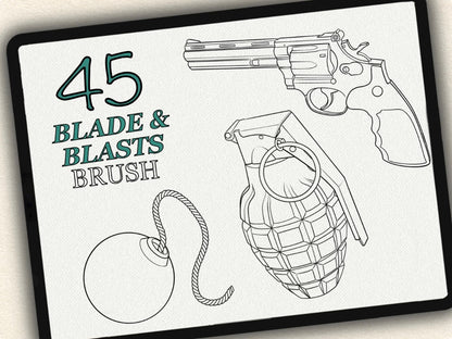 45 Blade & Blasts Tattoo Brushes – Stamp Set for Procreate, Photoshop & CSP | Collection 2024