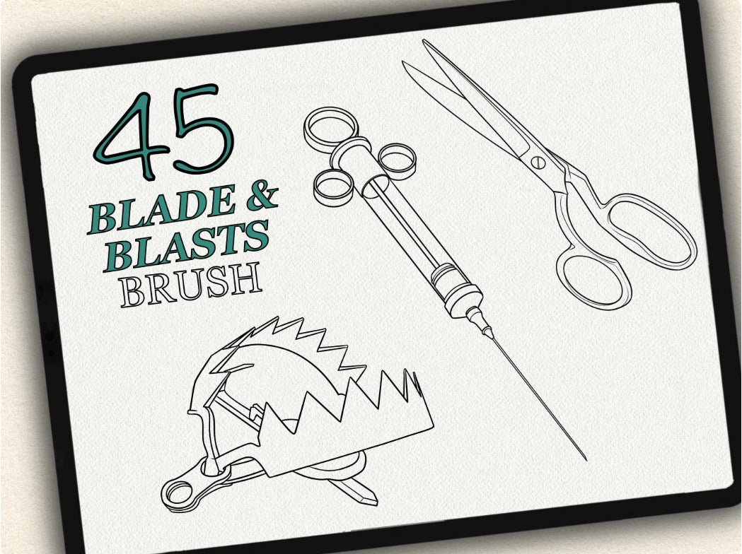 45 Blade & Blasts Tattoo Brushes – Stamp Set for Procreate, Photoshop & CSP | Collection 2024