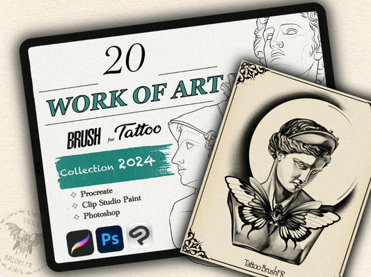 20 Work of Art  Tattoo Brushes – Stamp Set for Procreate, Photoshop & CSP | Collection 2024