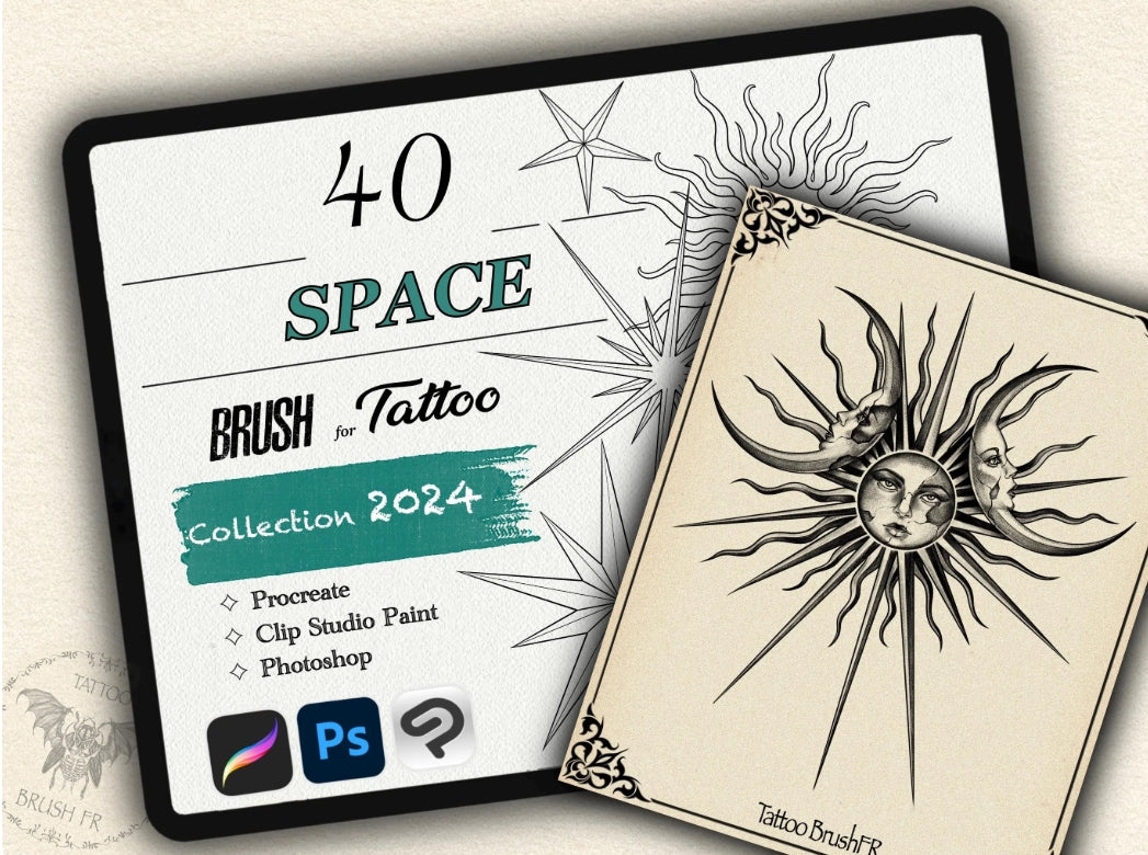 40 Space Tattoo Brushes – Stamp Set for Procreate, Photoshop & CSP | Collection 2024