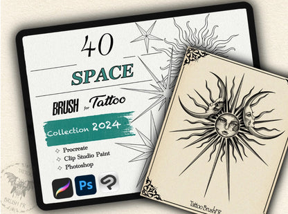 40 Space Tattoo Brushes – Stamp Set for Procreate, Photoshop & CSP | Collection 2024