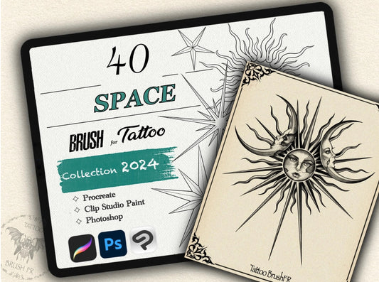 40 Space Tattoo Brushes – Stamp Set for Procreate, Photoshop & CSP | Collection 2024