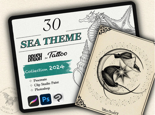 30 Sea Theme Tattoo Brushes – Stamp Set for Procreate, Photoshop & CSP | Collection 2024