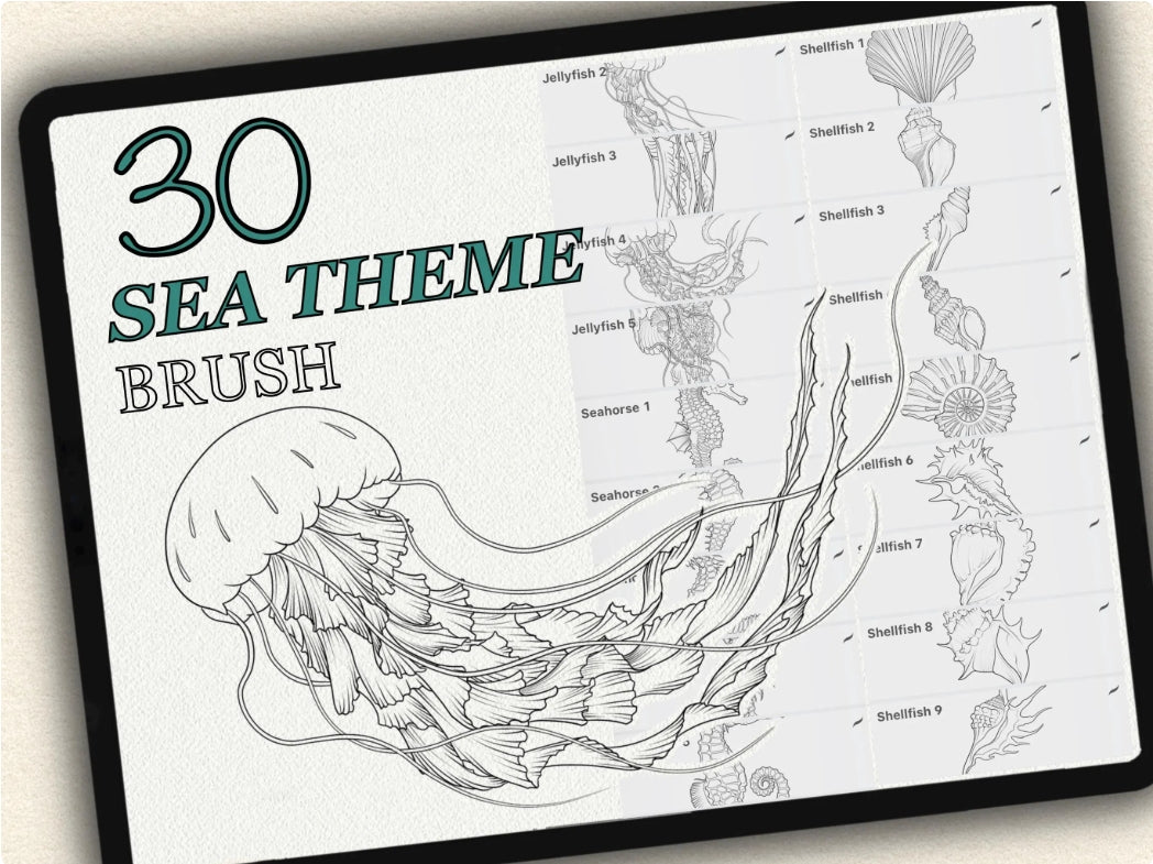30 Sea Theme Tattoo Brushes – Stamp Set for Procreate, Photoshop & CSP | Collection 2024