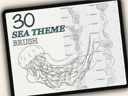 30 Sea Theme Tattoo Brushes – Stamp Set for Procreate, Photoshop & CSP | Collection 2024