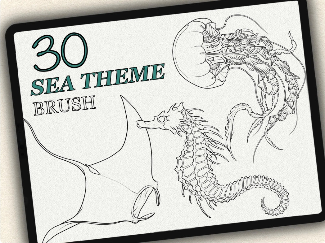 30 Sea Theme Tattoo Brushes – Stamp Set for Procreate, Photoshop & CSP | Collection 2024