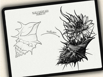 30 Sea Theme Tattoo Brushes – Stamp Set for Procreate, Photoshop & CSP | Collection 2024