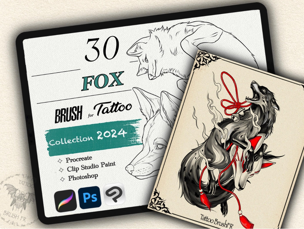 30 Fox Tattoo Brushes – Stamp Set for Procreate, Photoshop & CSP | Collection 2024