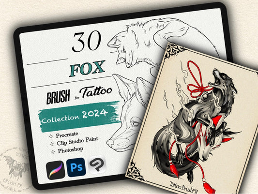30 Fox Tattoo Brushes – Stamp Set for Procreate, Photoshop & CSP | Collection 2024