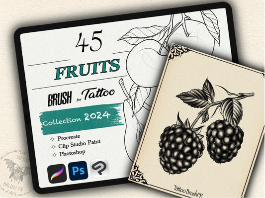 45 Fruits Tattoo Brushes – Stamp Set for Procreate, Photoshop & CSP | Collection 2024