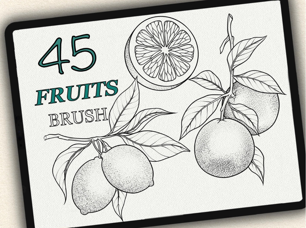45 Fruits Tattoo Brushes – Stamp Set for Procreate, Photoshop & CSP | Collection 2024