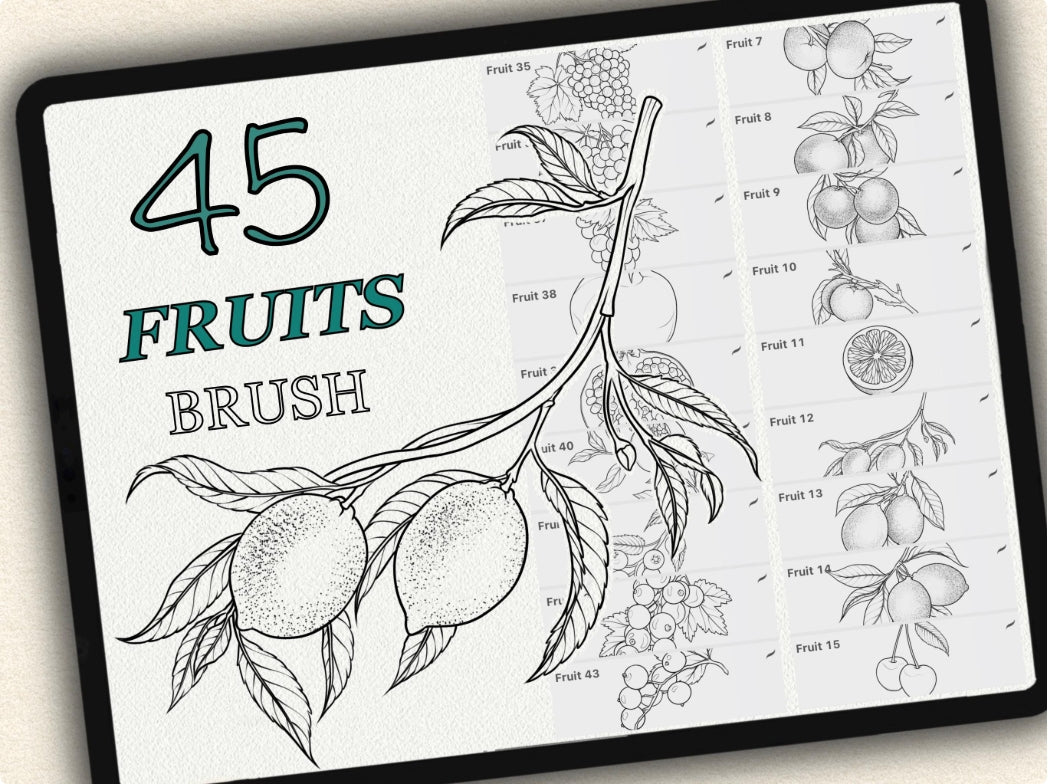 45 Fruits Tattoo Brushes – Stamp Set for Procreate, Photoshop & CSP | Collection 2024