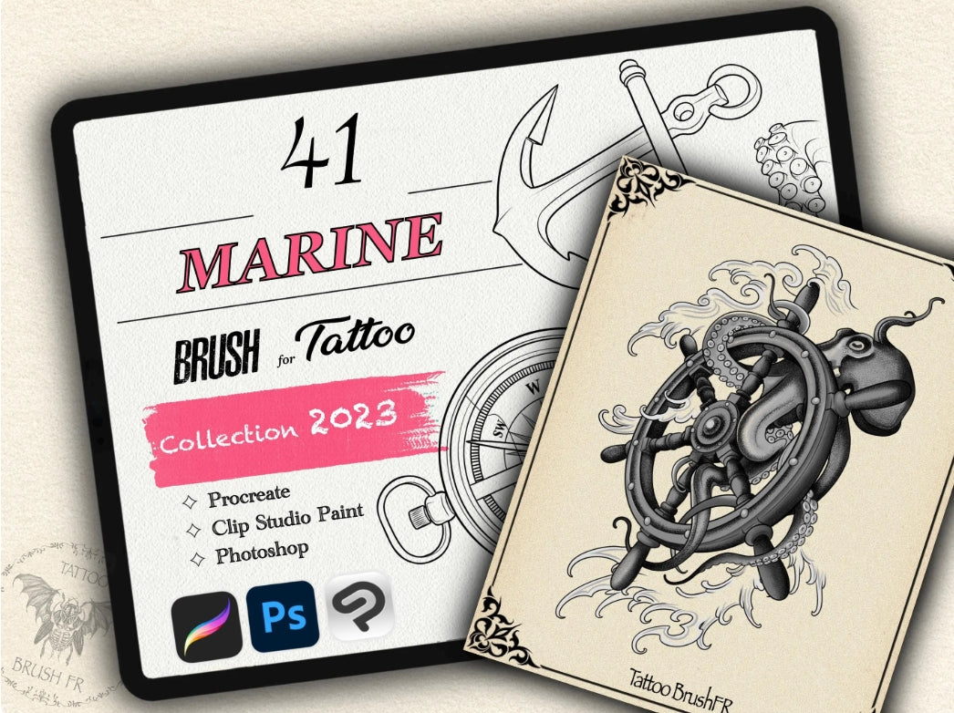 41 Marine Tattoo Brushes – Stamp Set for Procreate, Photoshop & CSP | Collection 2023