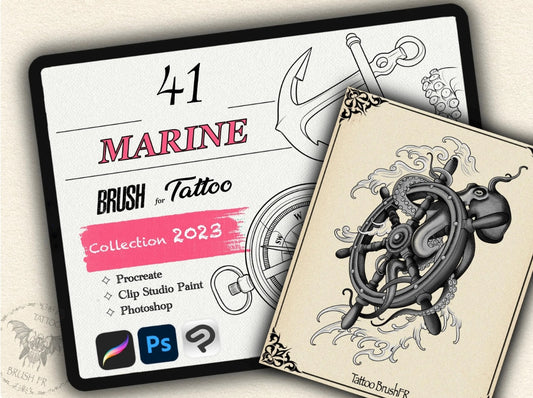 41 Marine Tattoo Brushes – Stamp Set for Procreate, Photoshop & CSP | Collection 2023