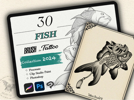 30 Fish Tattoo Brushes – Stamp Set for Procreate, Photoshop & CSP | Collection 2024