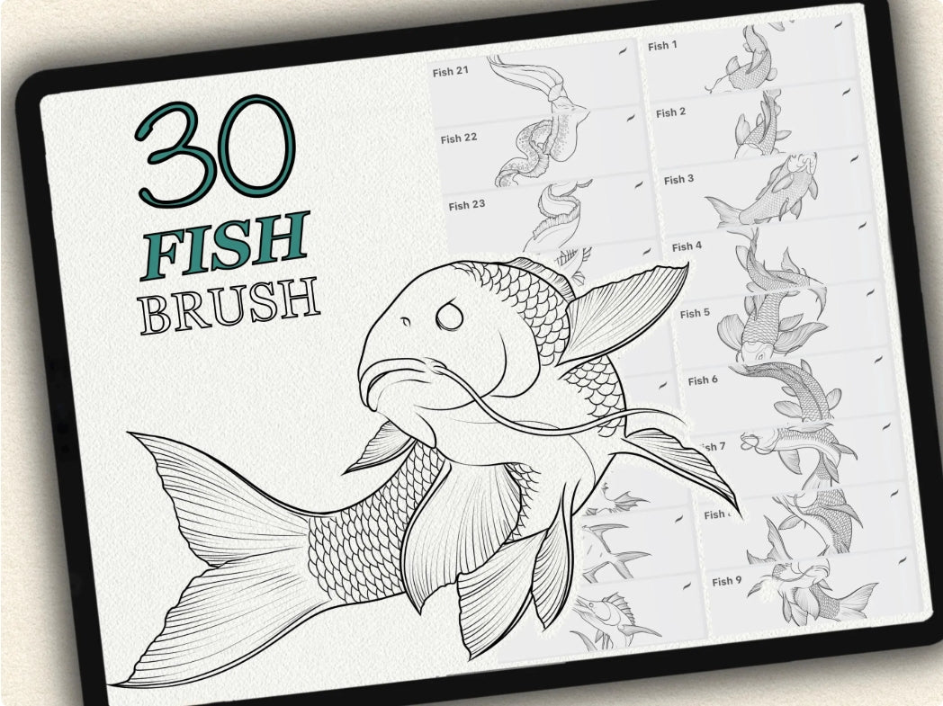 30 Fish Tattoo Brushes – Stamp Set for Procreate, Photoshop & CSP | Collection 2024