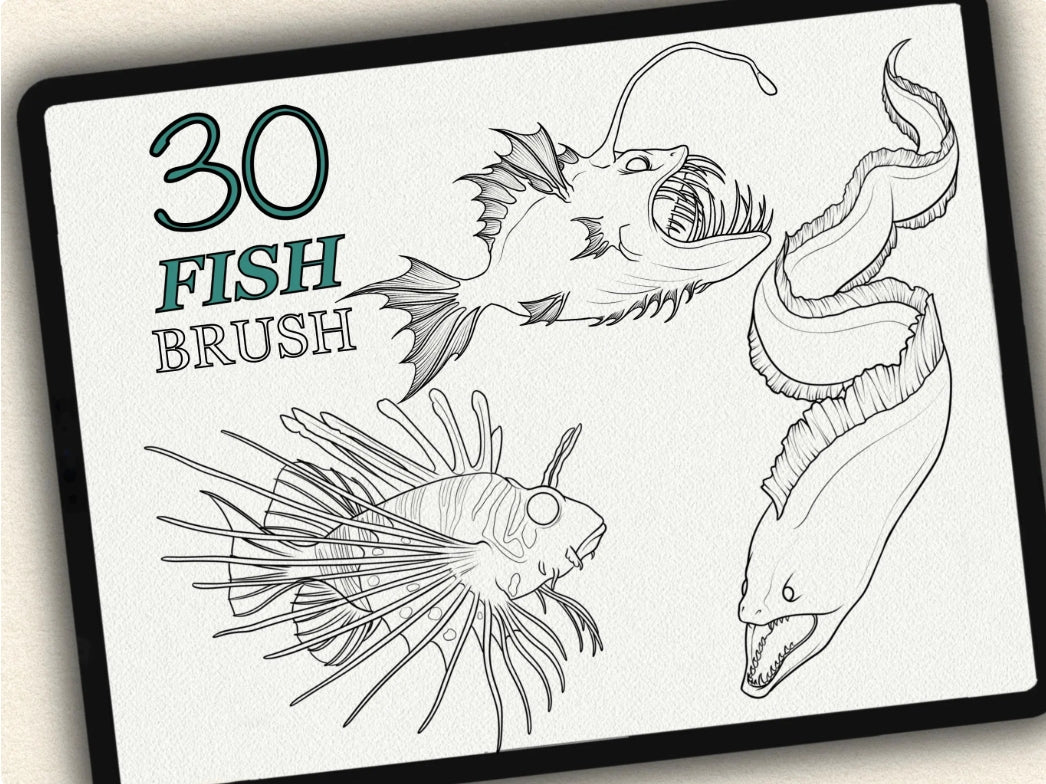 30 Fish Tattoo Brushes – Stamp Set for Procreate, Photoshop & CSP | Collection 2024