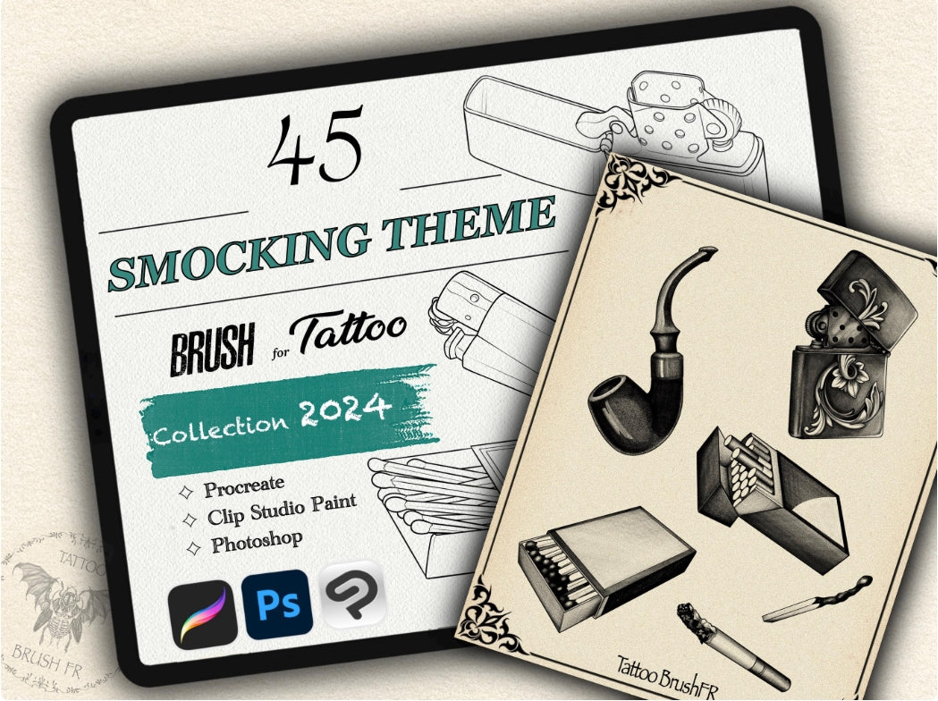 45 Smocking Theme  Tattoo Brushes – Stamp Set for Procreate, Photoshop & CSP | Collection 2024