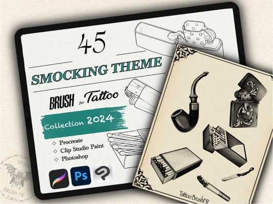 45 Smocking Theme  Tattoo Brushes – Stamp Set for Procreate, Photoshop & CSP | Collection 2024