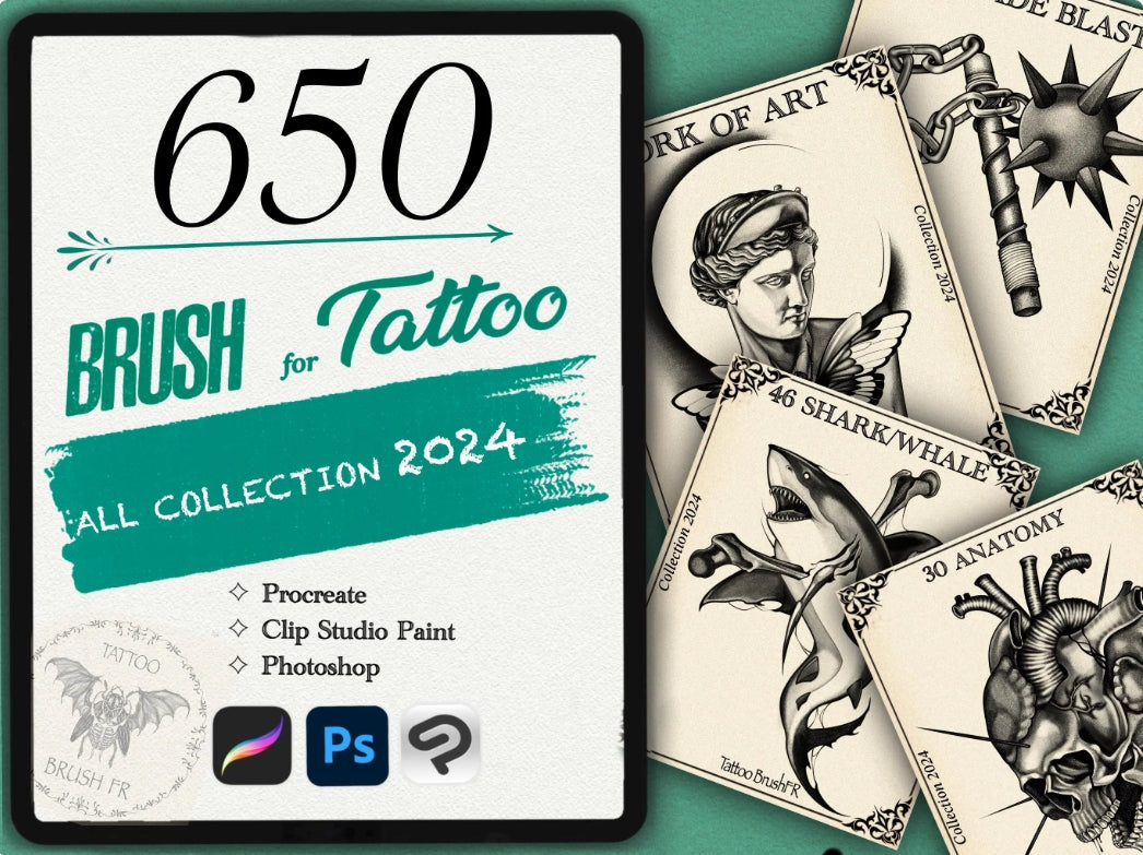 650 Tattoo Brushes – Stamp Set for Procreate, Photoshop & Clip Studio Paint | Collection 2024