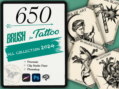 650 Tattoo Brushes – Stamp Set for Procreate, Photoshop & Clip Studio Paint | Collection 2024