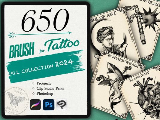 650 Tattoo Brushes – Stamp Set for Procreate, Photoshop & Clip Studio Paint | Collection 2024