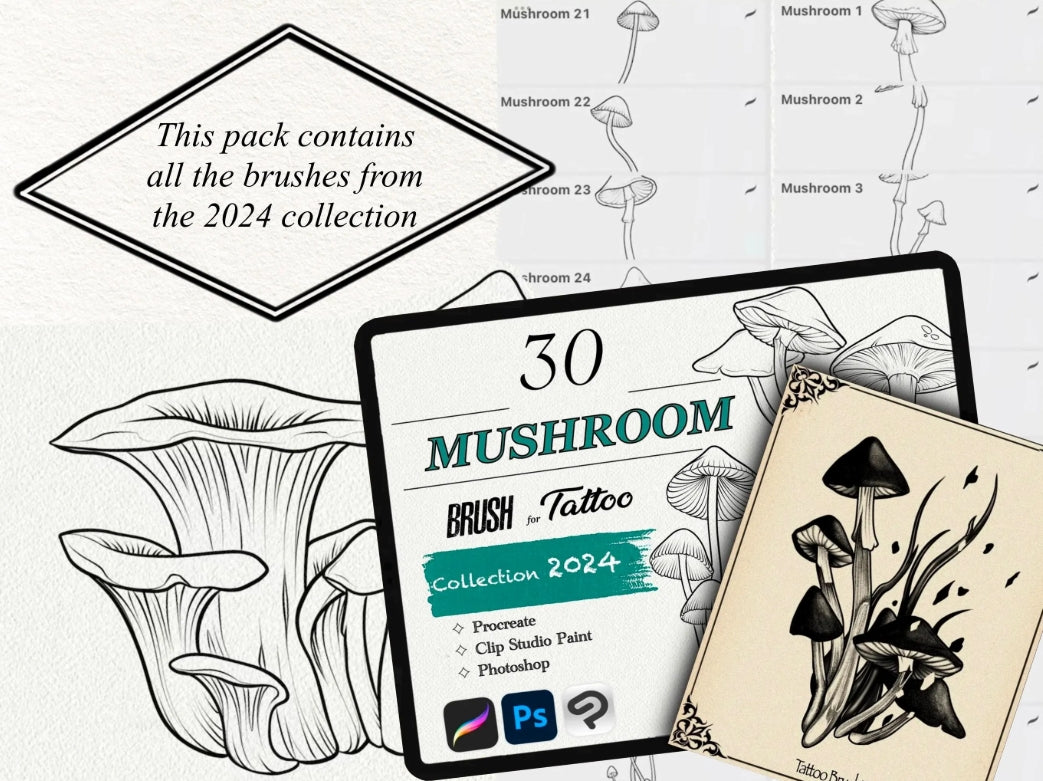 650 Tattoo Brushes – Stamp Set for Procreate, Photoshop & Clip Studio Paint | Collection 2024
