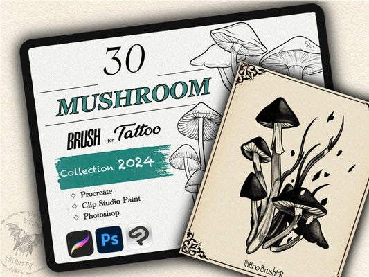 30 Mushroom Tattoo Brushes – Stamp Set for Procreate, Photoshop & CSP | Collection 2024