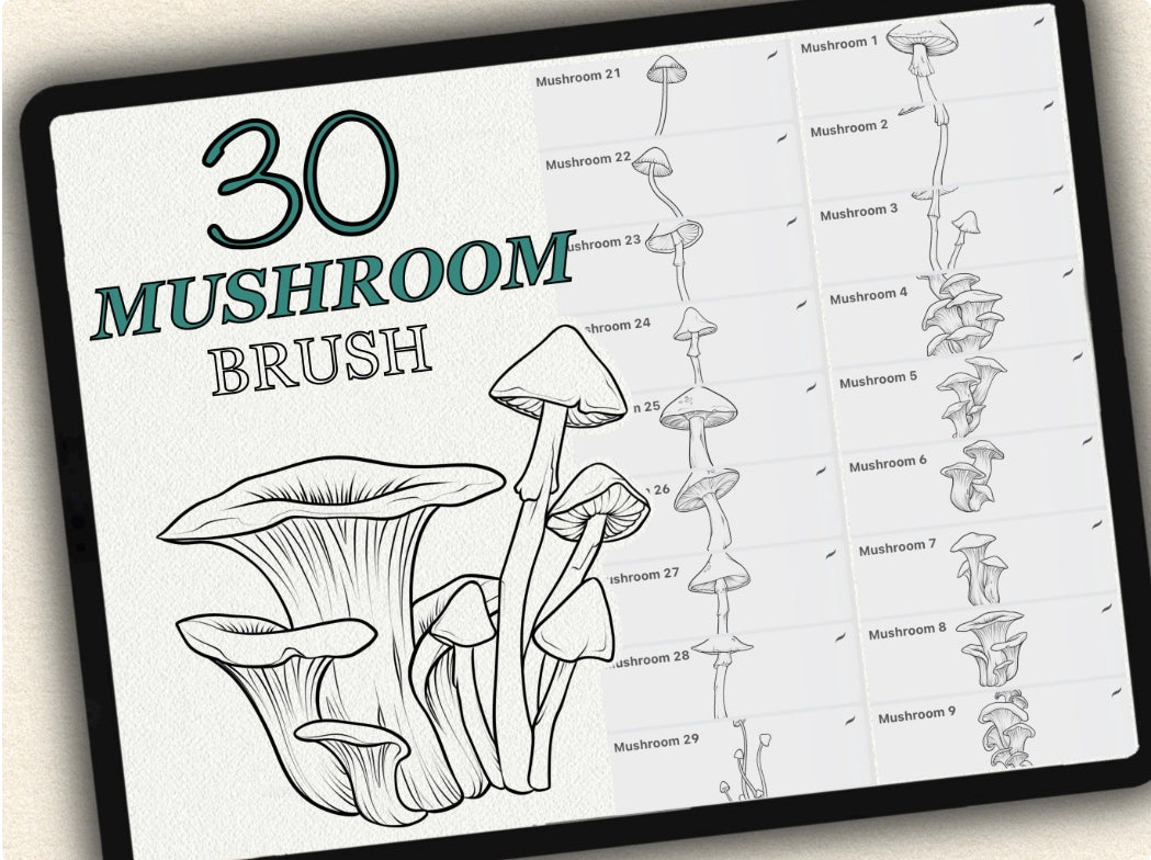 30 Mushroom Tattoo Brushes – Stamp Set for Procreate, Photoshop & CSP | Collection 2024