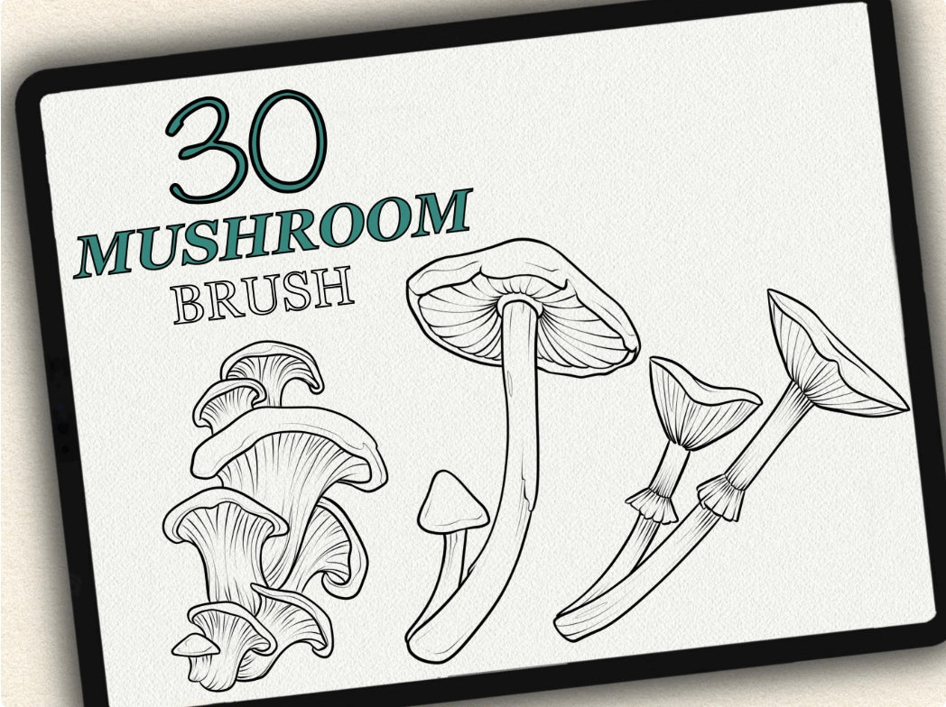 30 Mushroom Tattoo Brushes – Stamp Set for Procreate, Photoshop & CSP | Collection 2024