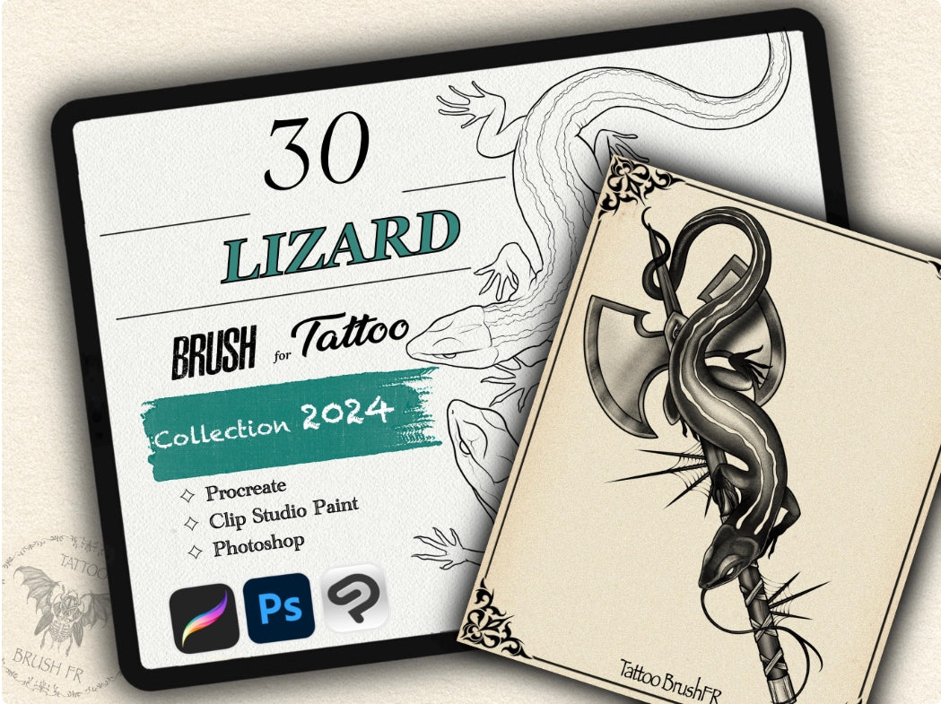 30 Lizard Theme Tattoo Brushes – Stamp Set for Procreate, Photoshop & CSP | Collection 2024
