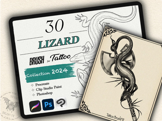 30 Lizard Theme Tattoo Brushes – Stamp Set for Procreate, Photoshop & CSP | Collection 2024