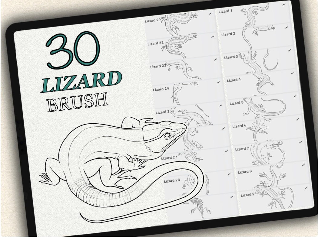 30 Lizard Theme Tattoo Brushes – Stamp Set for Procreate, Photoshop & CSP | Collection 2024