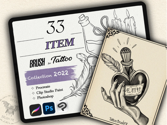 33 Item Tattoo Brushes – Stamp Set for Procreate, Photoshop & CSP | Collection 2022