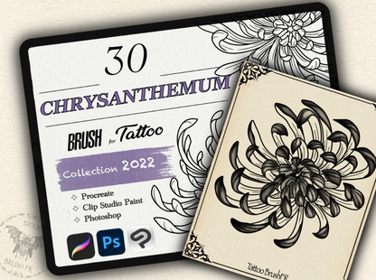 30 Chrysanthemum Tattoo Brushes – Stamp Set for Procreate, Photoshop & CSP | Collection 2022