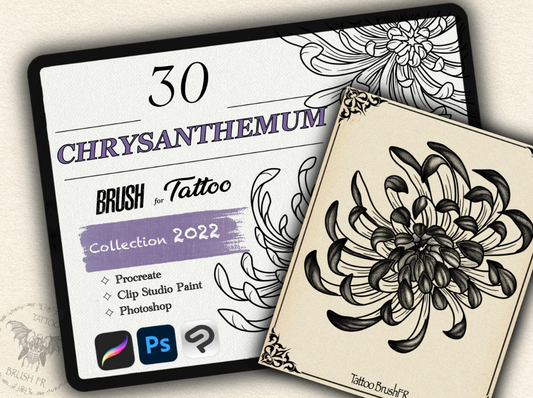 30 Chrysanthemum Tattoo Brushes – Stamp Set for Procreate, Photoshop & CSP | Collection 2022