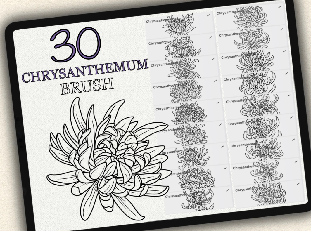 30 Chrysanthemum Tattoo Brushes – Stamp Set for Procreate, Photoshop & CSP | Collection 2022