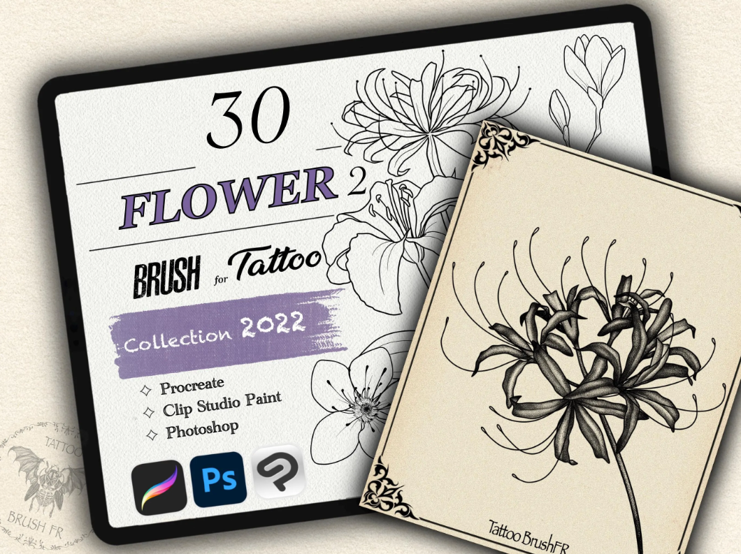 30 Flower Tattoo Brushes – Stamp Set for Procreate, Photoshop & CSP | Collection 2022