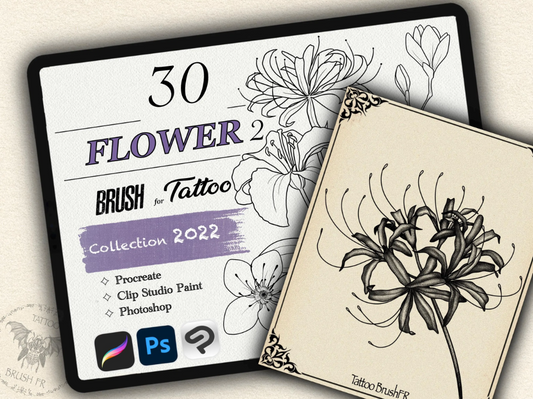 30 Flower Tattoo Brushes – Stamp Set for Procreate, Photoshop & CSP | Collection 2022