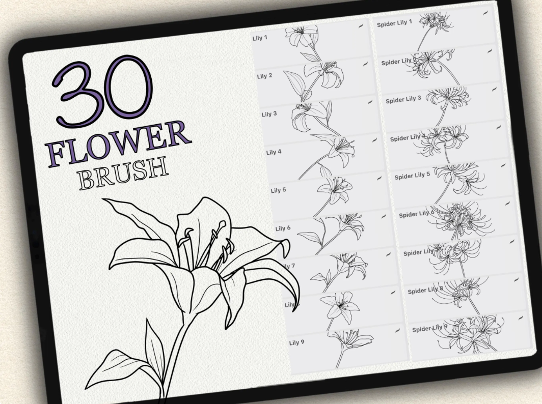 30 Flower Tattoo Brushes – Stamp Set for Procreate, Photoshop & CSP | Collection 2022