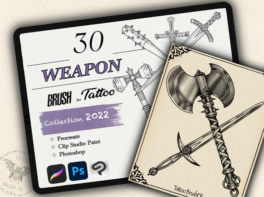 30 Weapon Tattoo Brushes – Stamp Set for Procreate, Photoshop & CSP | Collection 2022