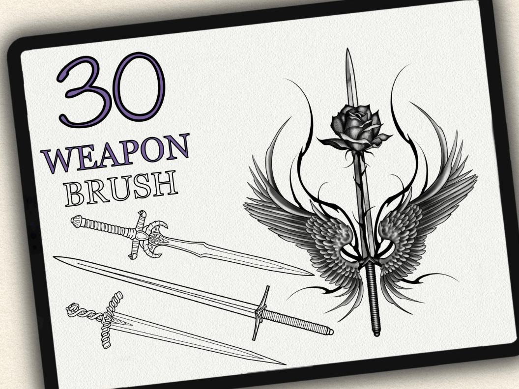 30 Weapon Tattoo Brushes – Stamp Set for Procreate, Photoshop & CSP | Collection 2022