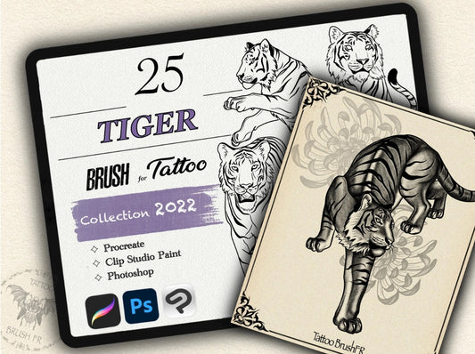 25 Tiger Tattoo Brushes – Stamp Set for Procreate, Photoshop & CSP | Collection 2022