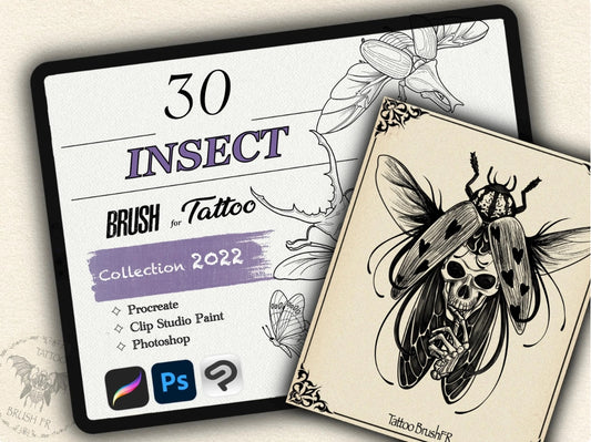 30 Insect Tattoo Brushes – Stamp Set for Procreate, Photoshop & CSP | Collection 2022