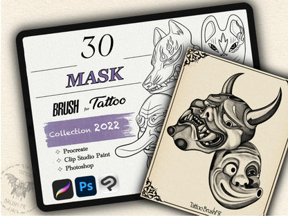 30 Mask Tattoo Brushes – Stamp Set for Procreate, Photoshop & CSP | Collection 2022