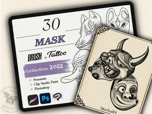 30 Mask Tattoo Brushes – Stamp Set for Procreate, Photoshop & CSP | Collection 2022