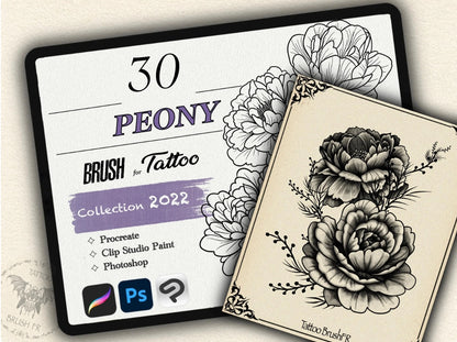 30 Peony Tattoo Brushes – Stamp Set for Procreate, Photoshop & CSP | Collection 2022