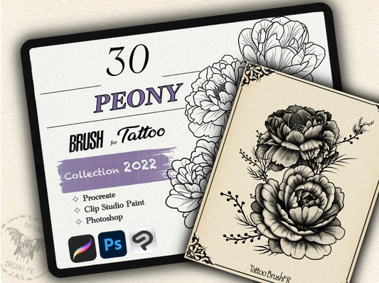 30 Peony Tattoo Brushes – Stamp Set for Procreate, Photoshop & CSP | Collection 2022