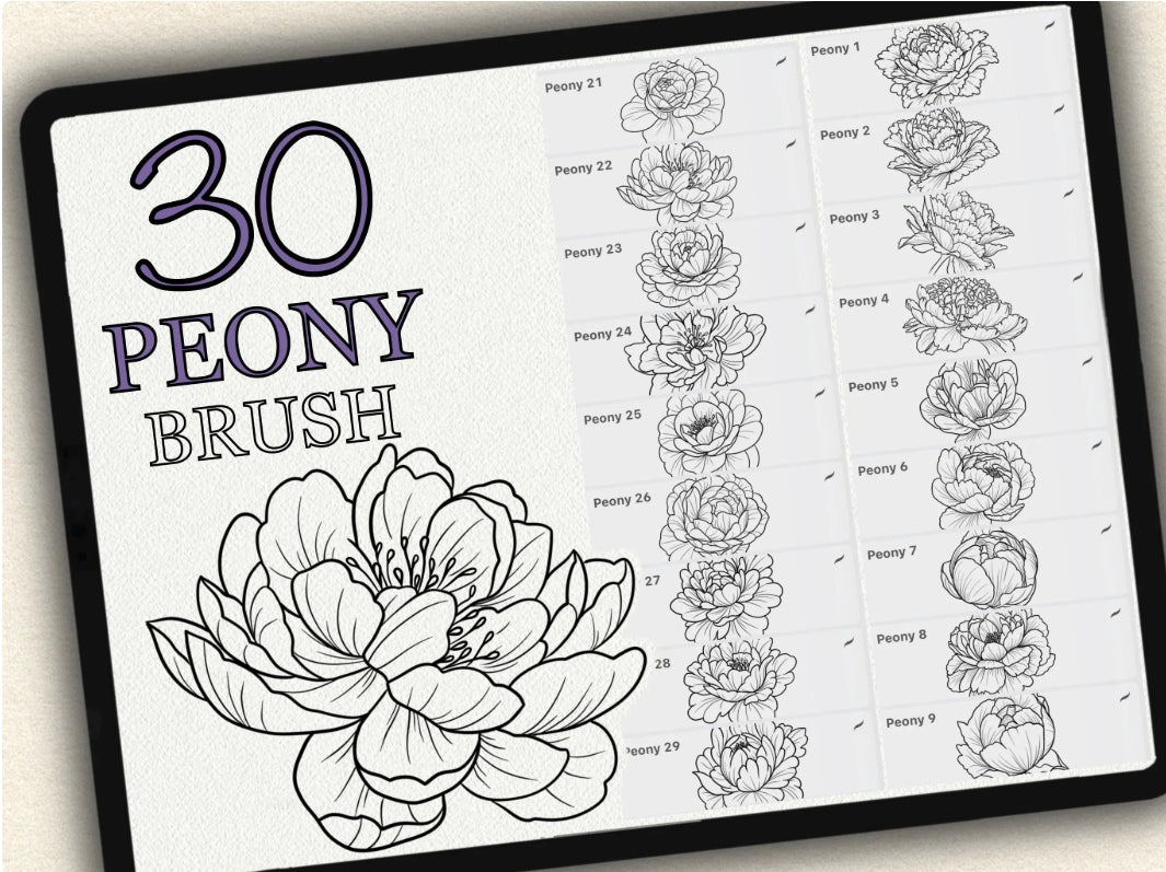 30 Peony Tattoo Brushes – Stamp Set for Procreate, Photoshop & CSP | Collection 2022